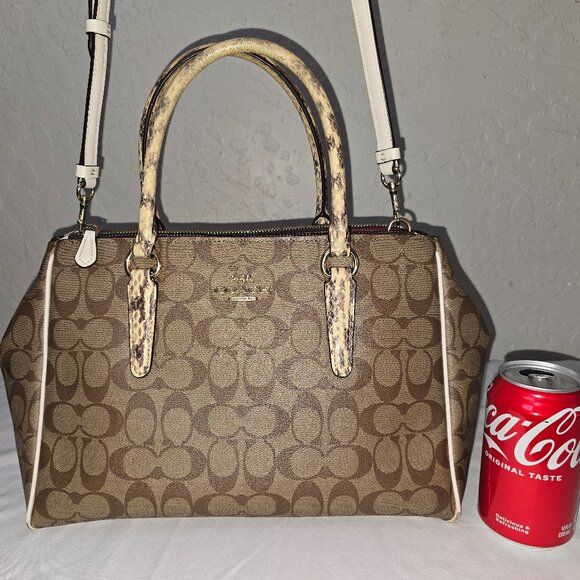 Coach F44956 Surrey Exotic Snake Trim Khaki Signature Carryall Shoulder Satchel - Picture 2 of 16